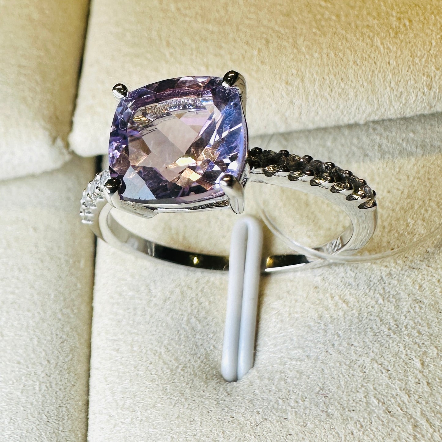 Pink Amethyst and White Topaz Studded on Rhodium-finished 925 Sterling Silver Ring