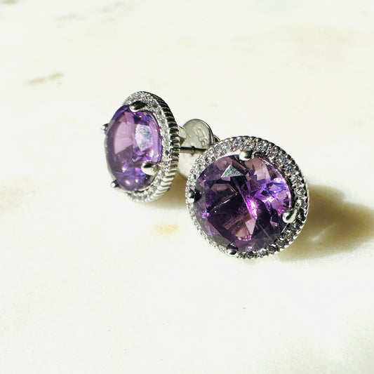 Brazilian Amethyst and White Topaz Studded on Rhodium-finished 925 Sterling Silver Earring