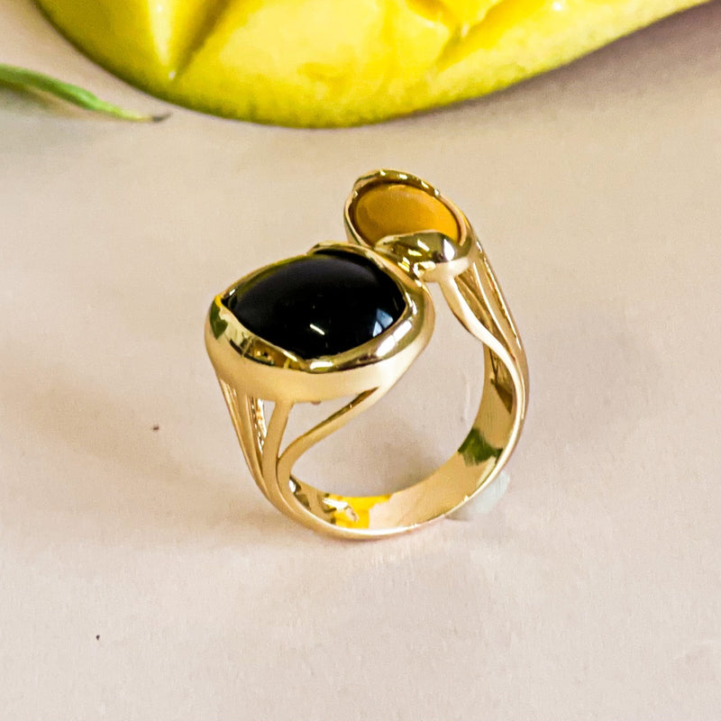 18K Gold Plated Ocher and Black Stones Ring