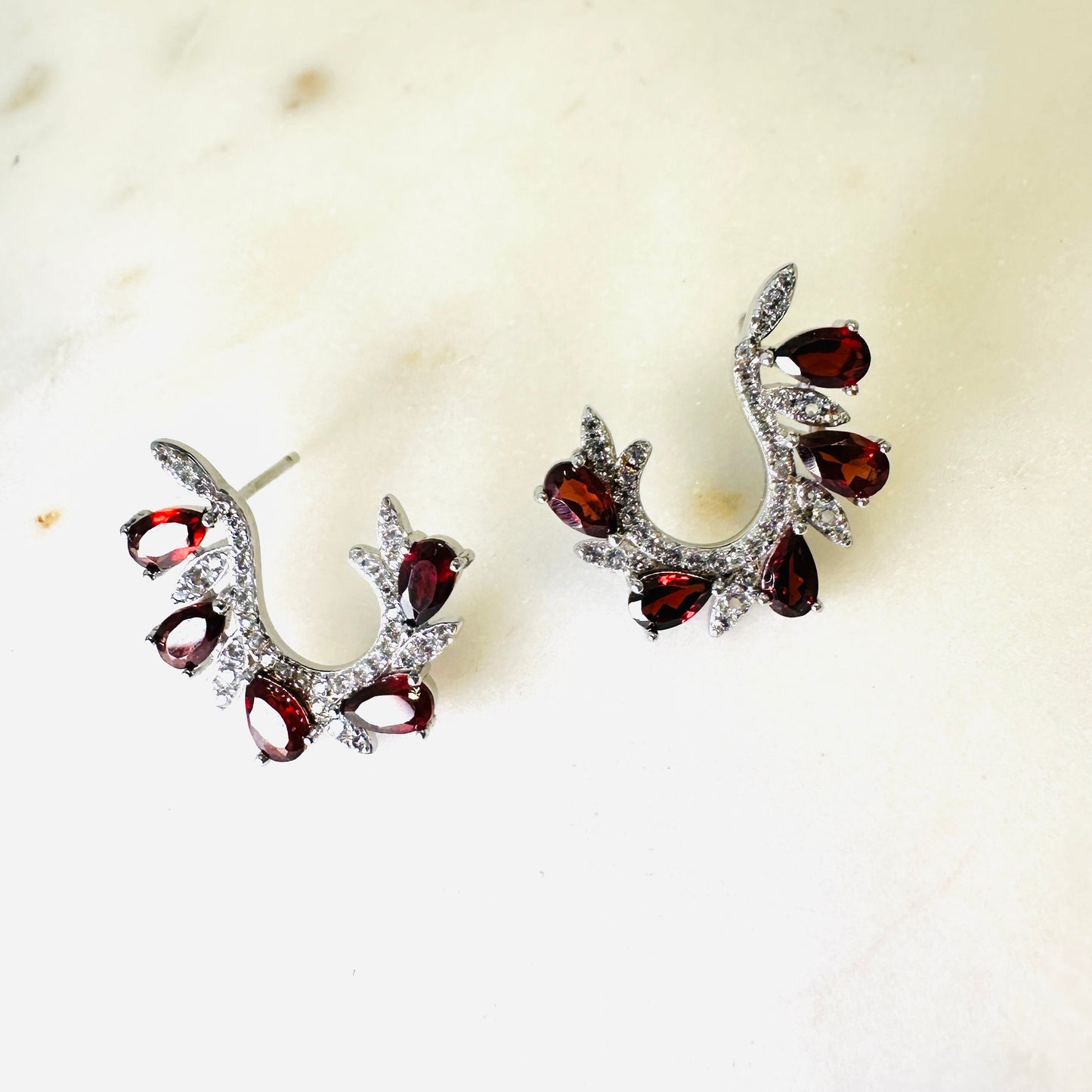 Garnet and White Topaz C Shape on Rhodium-finished 925 Sterling Silver Earring