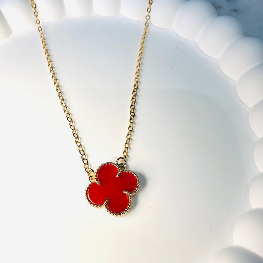Red Lucky Clover - 18K Gold Plated Necklace - 47cm