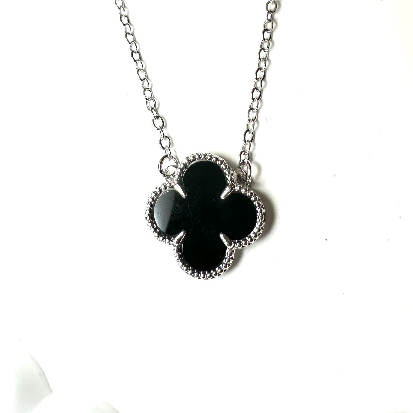 Black Lucky Clover - White Rhodium Plated Necklace - 47cm
