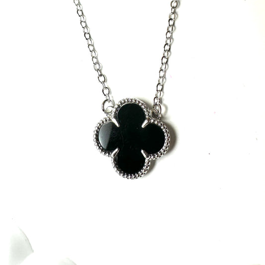 Black Lucky Clover - White Rhodium Plated Necklace - 47cm