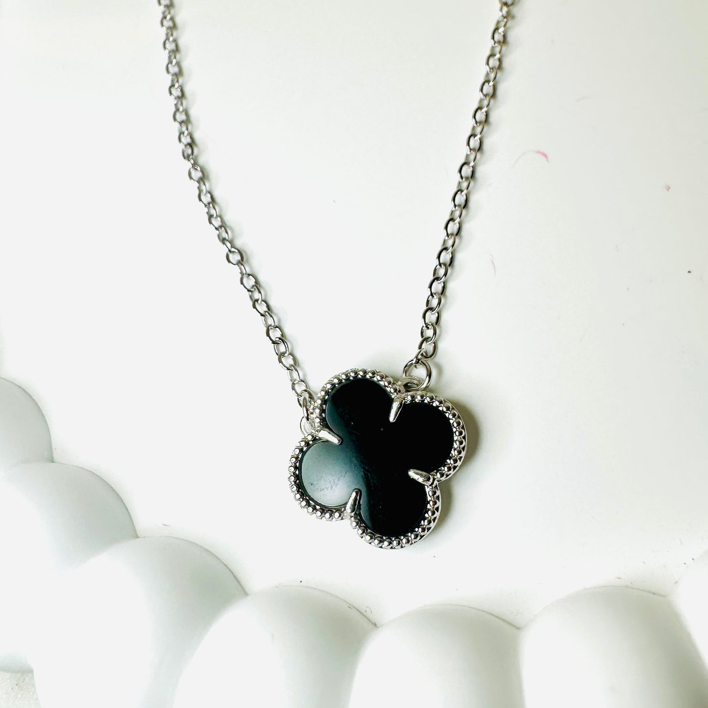 Black Lucky Clover - White Rhodium Plated Necklace - 47cm