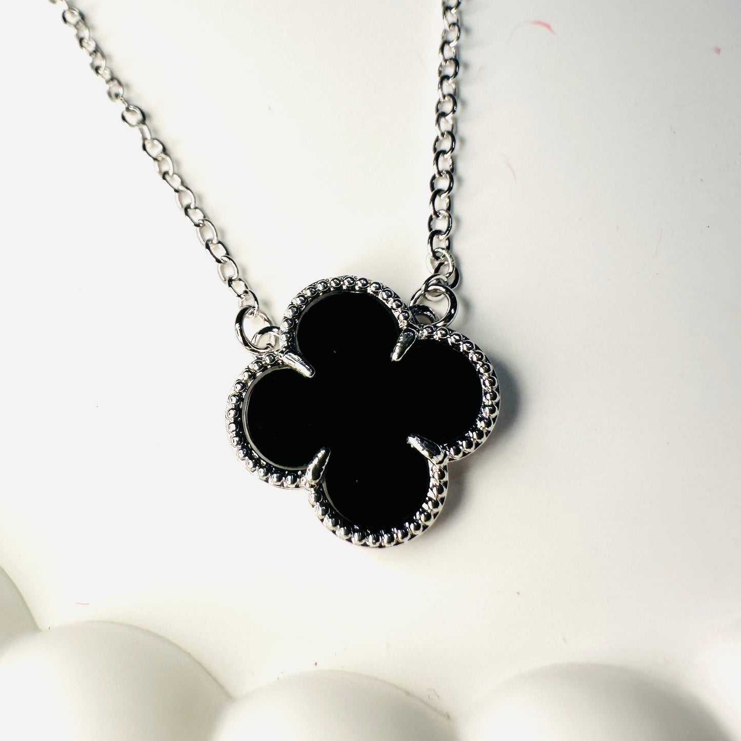 Black Lucky Clover - White Rhodium Plated Necklace - 47cm