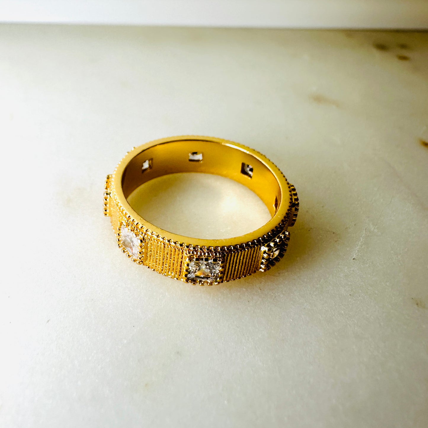 Wide Grooved with Princess-cut 18K Gold Plated Ring