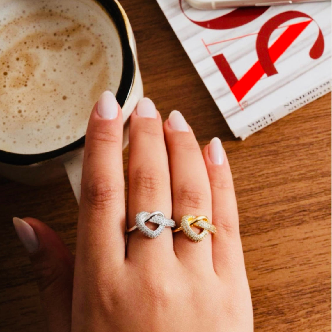 Wide Studded Zirconia Heart 18K White Rhodium Plated Ring