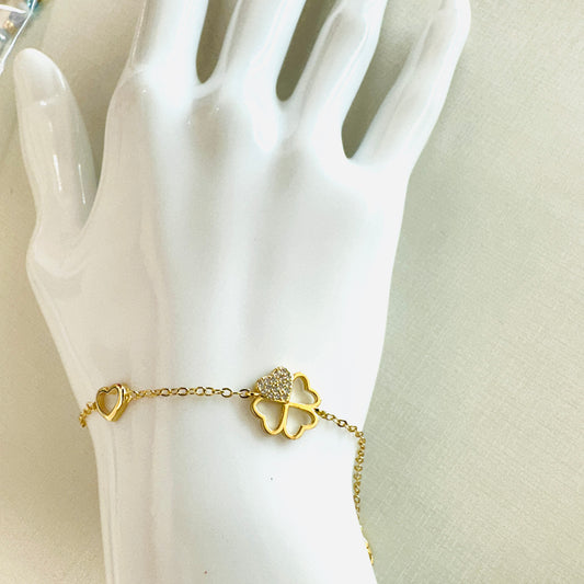 Heart and Studded Zirconia Clover 18K Gold Plated Bracelet