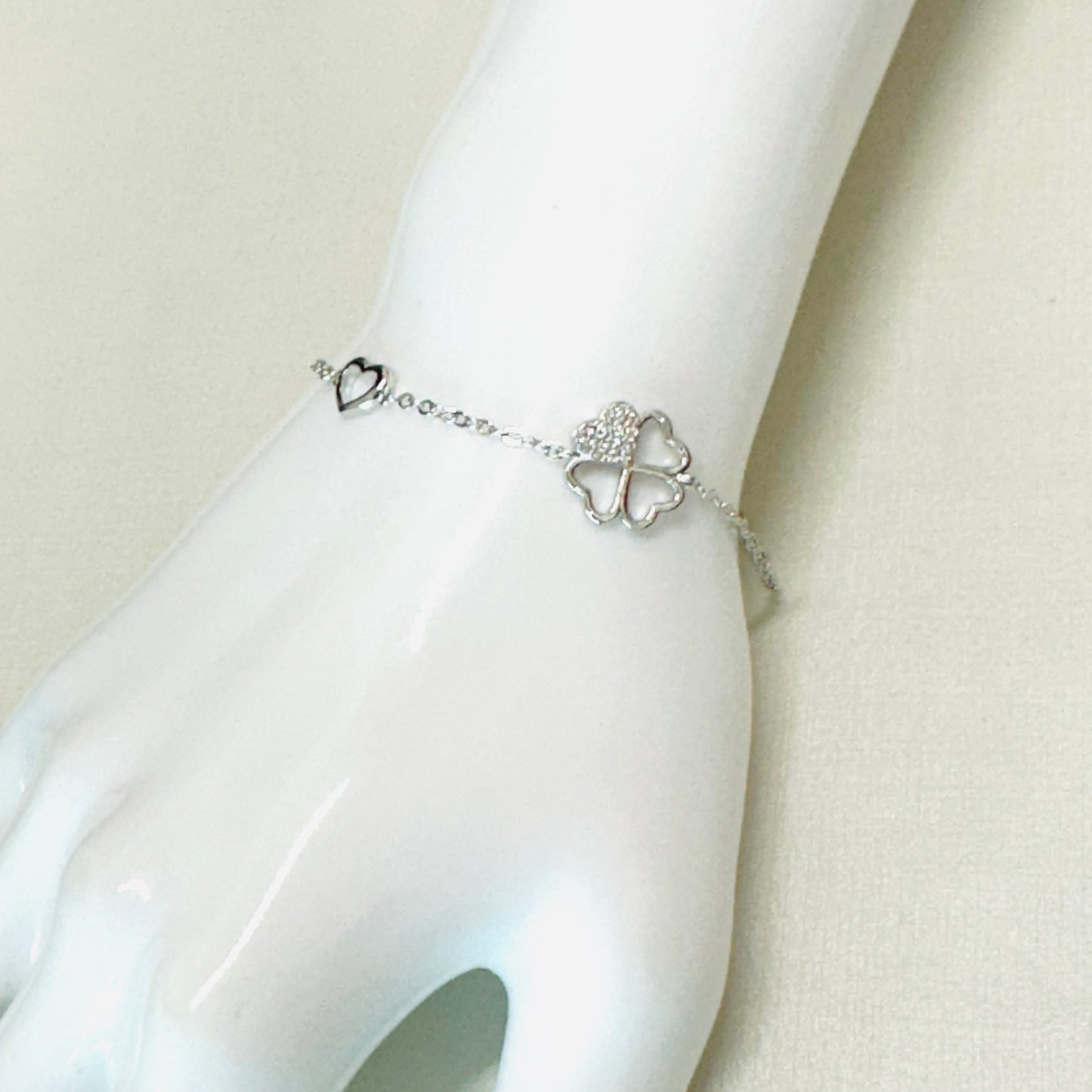 Heart and Studded Zirconia Clover White Rhodium Plated Bracelet