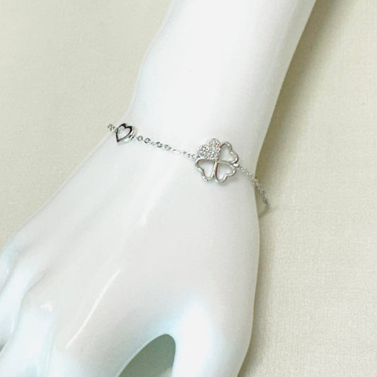 Heart and Studded Zirconia Clover White Rhodium Plated Bracelet