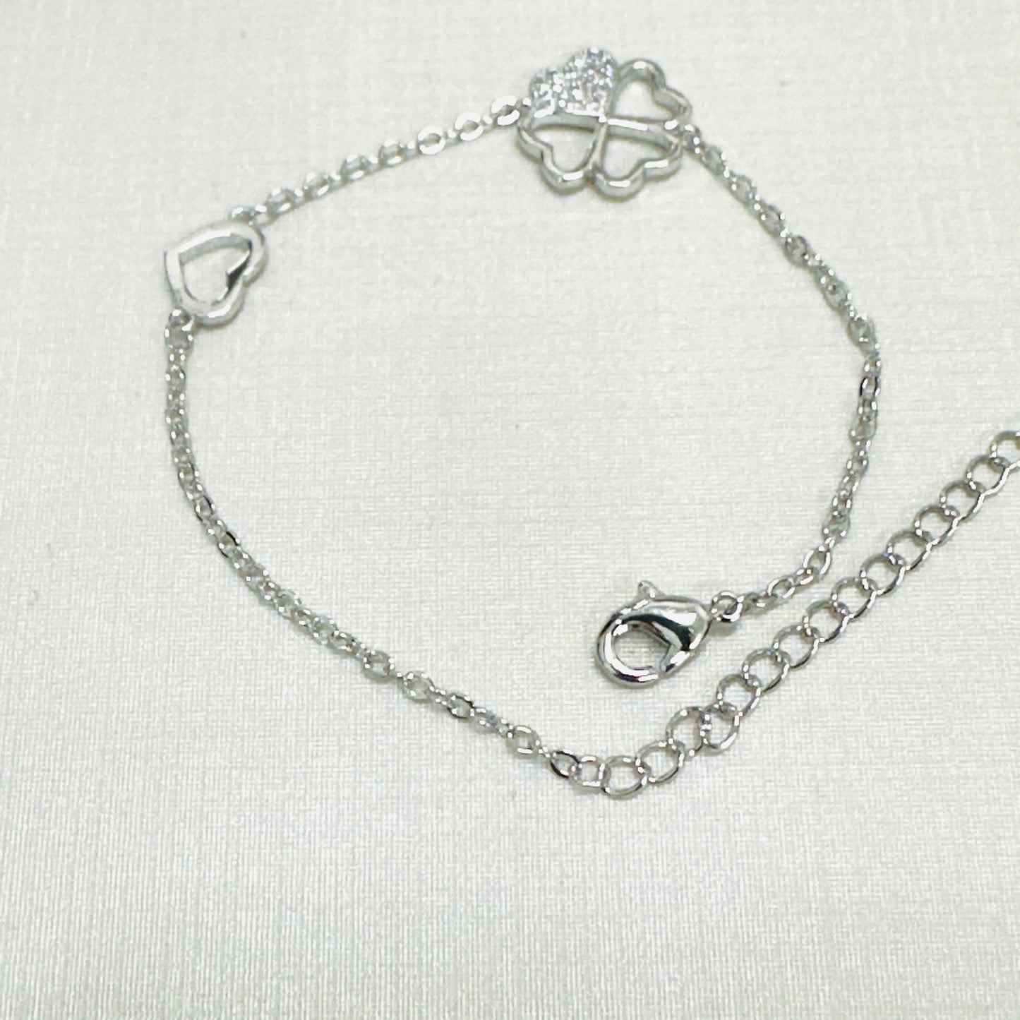 Heart and Studded Zirconia Clover White Rhodium Plated Bracelet