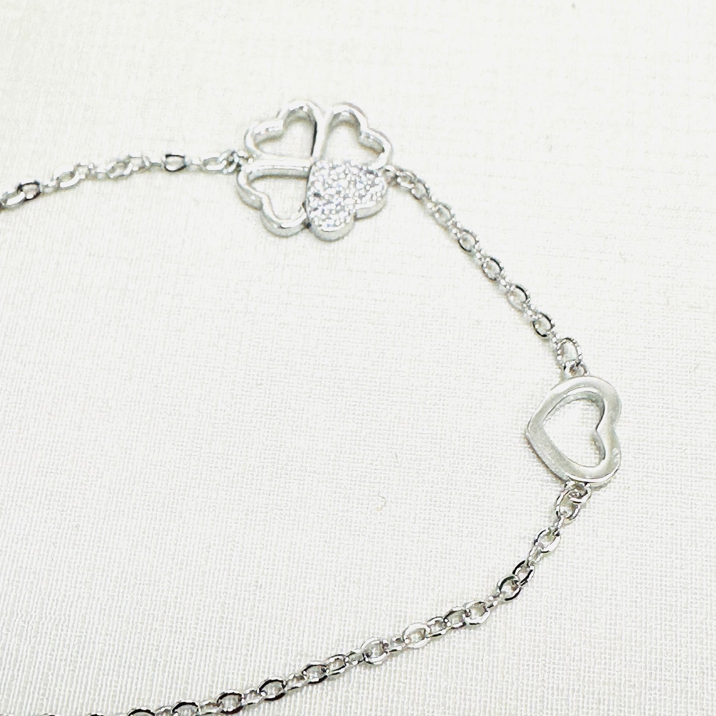 Heart and Studded Zirconia Clover White Rhodium Plated Bracelet