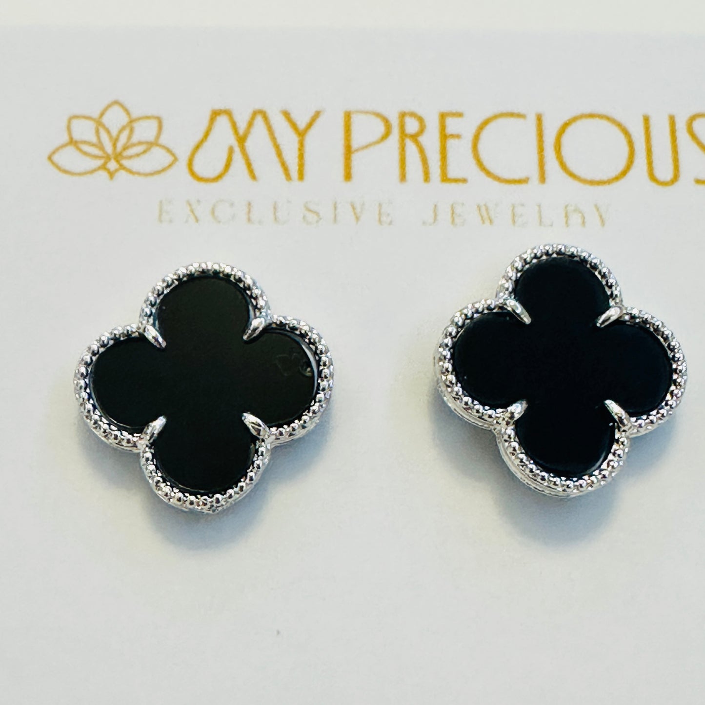 Black Lucky Clover - White Rhodium Plated Earrings