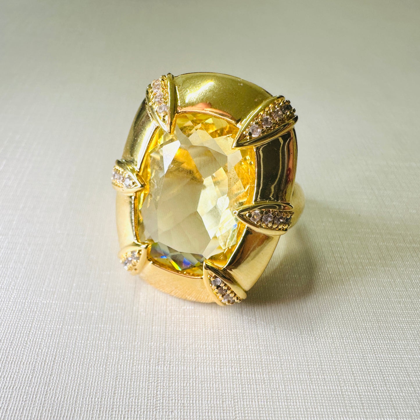 Rectangular Citrine Studded Zirconia - 18K Gold Plated Ring