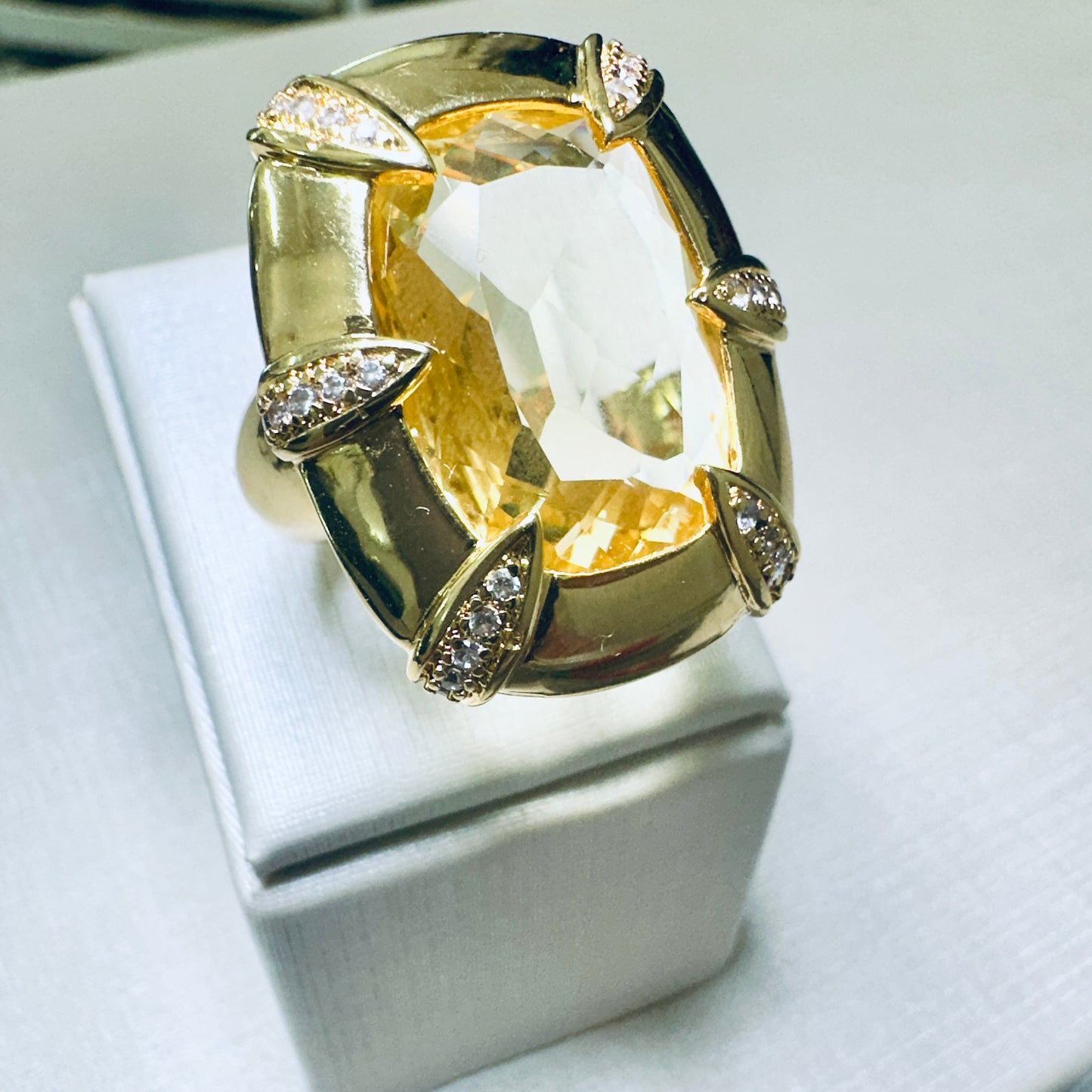 Rectangular Citrine Studded Zirconia - 18K Gold Plated Ring