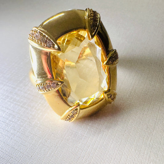 Rectangular Citrine Studded Zirconia - 18K Gold Plated Ring
