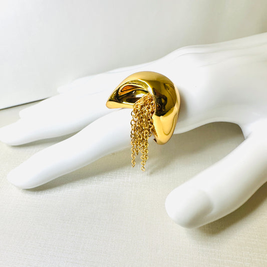 Half-Moon Ring with Delicate Dangling Chains - 18K Gold Plated