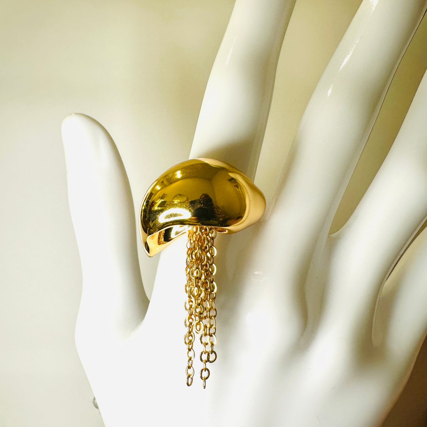 Half-Moon Ring with Delicate Dangling Chains - 18K Gold Plated