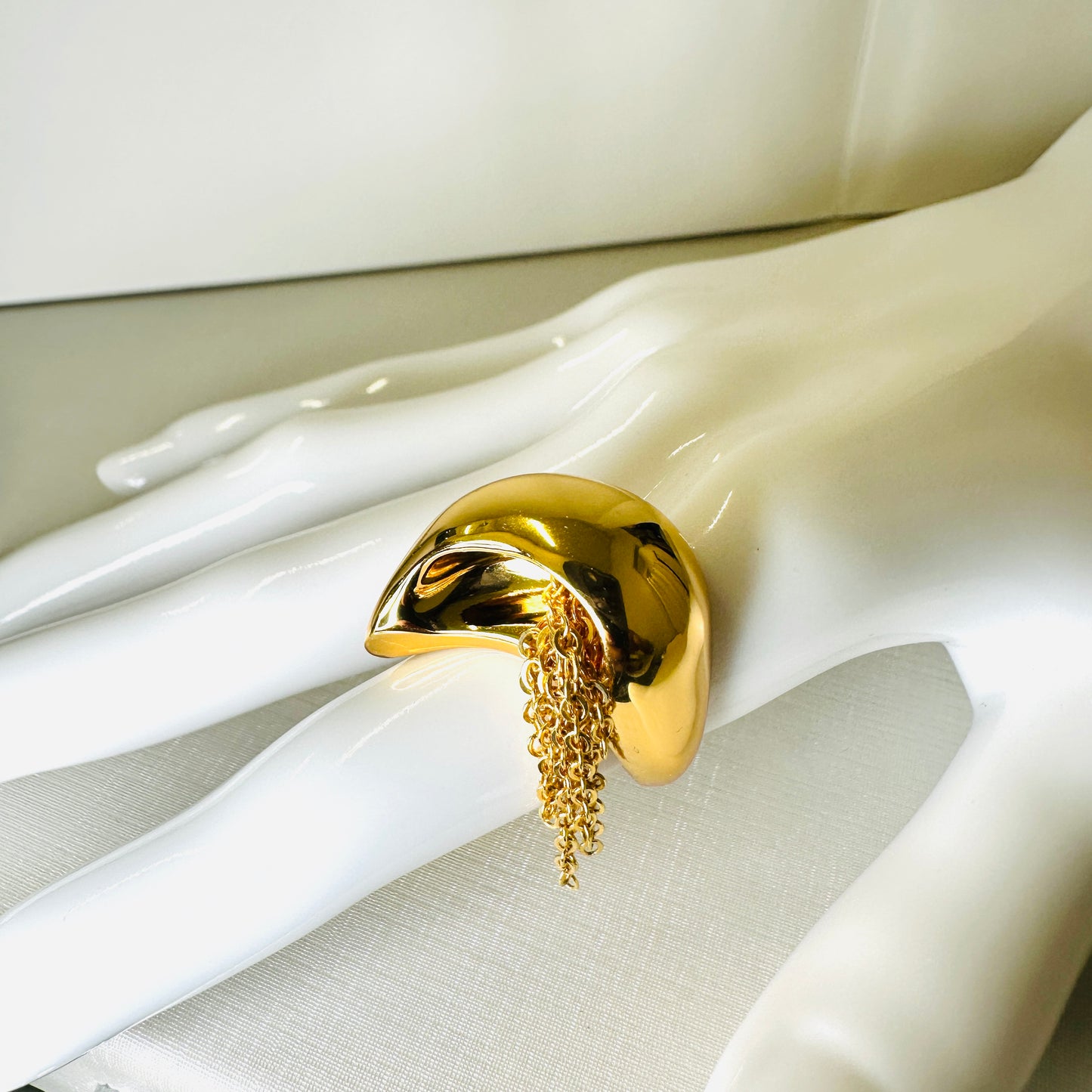 Half-Moon Ring with Delicate Dangling Chains - 18K Gold Plated