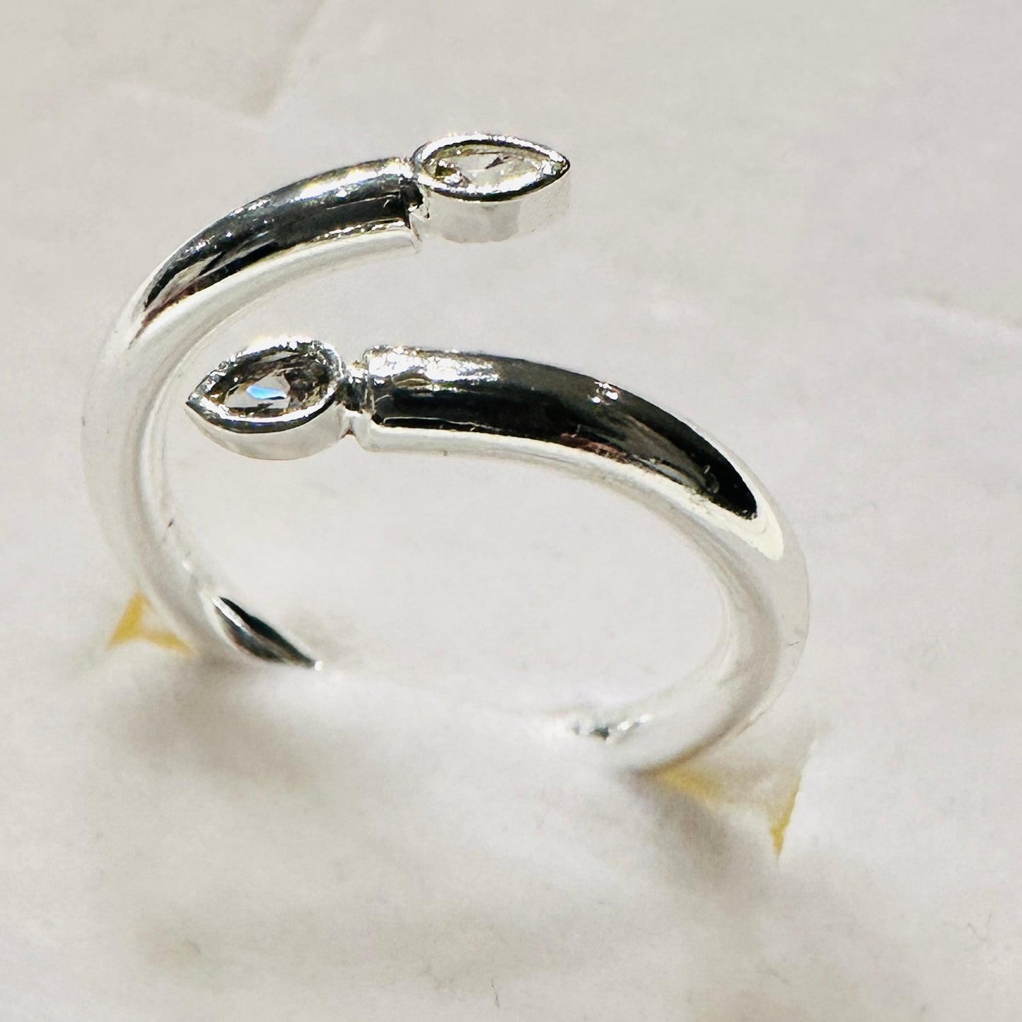 Spiral Open Ring with Teardrop Zirconia - White Rhodium Plated