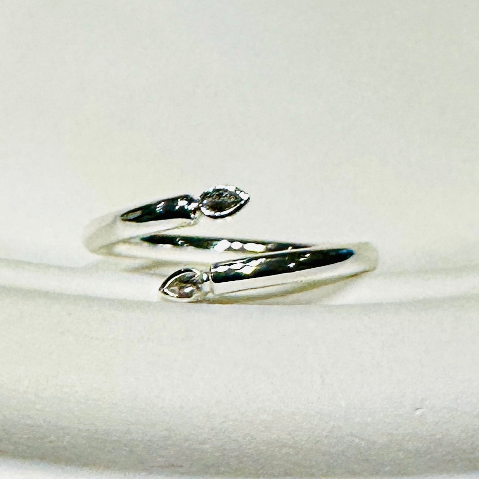 Spiral Open Ring with Teardrop Zirconia - White Rhodium Plated
