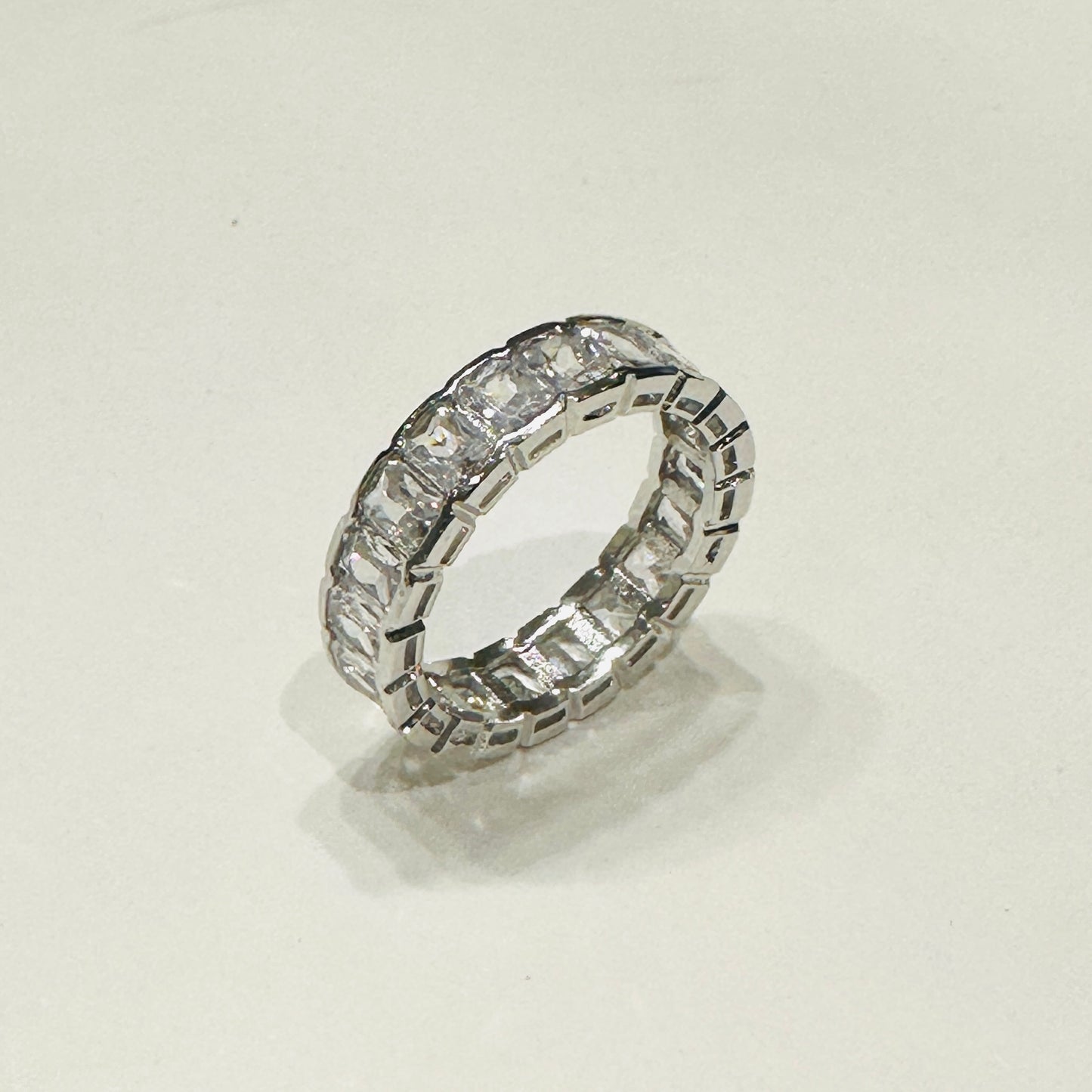 Eternity Band with Rectangular-Cut Cubic Zirconia - White Rhodium Plated Ring