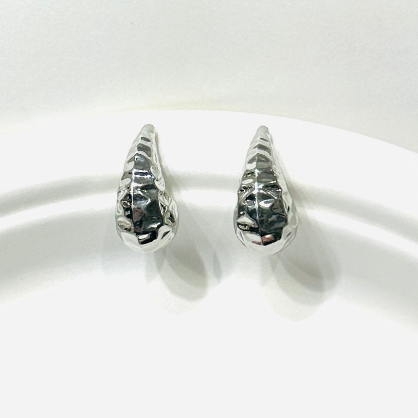 Small Bold Hammered Teardrop Earrings - White Rhodium Plated