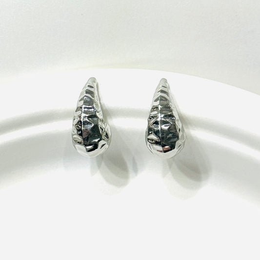 Small Bold Hammered Teardrop Earrings - White Rhodium Plated