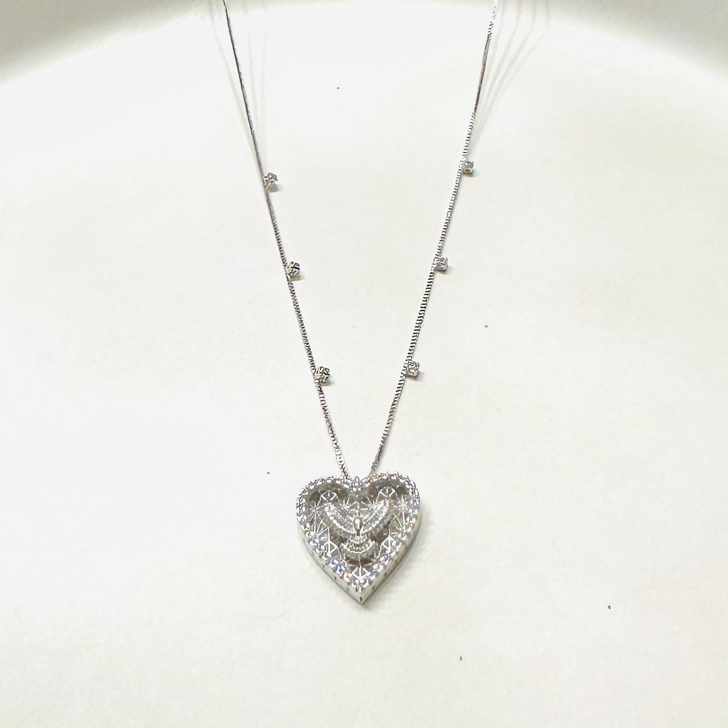 Holy Spirit in Heart Pendant Necklace - White Rhodium Plated