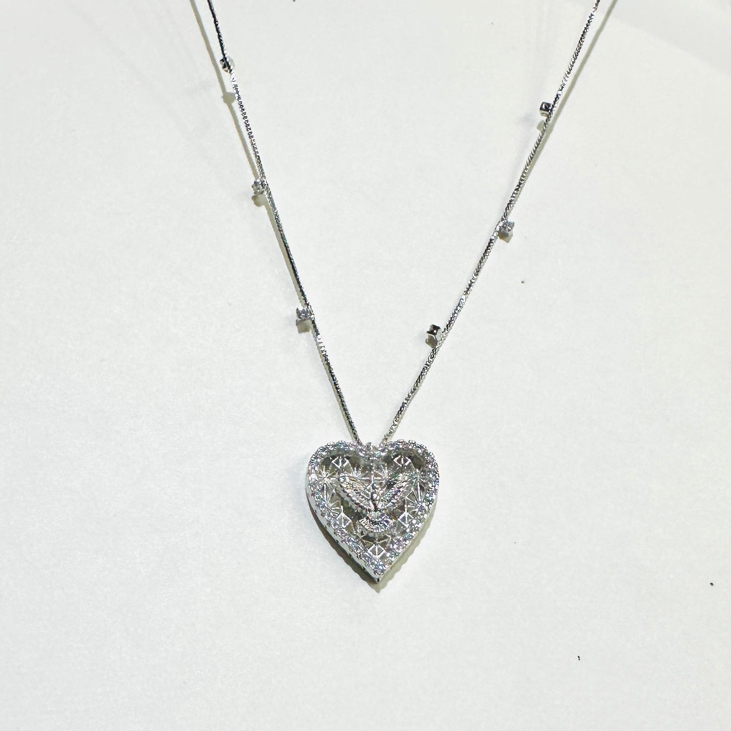 Holy Spirit in Heart Pendant Necklace - White Rhodium Plated