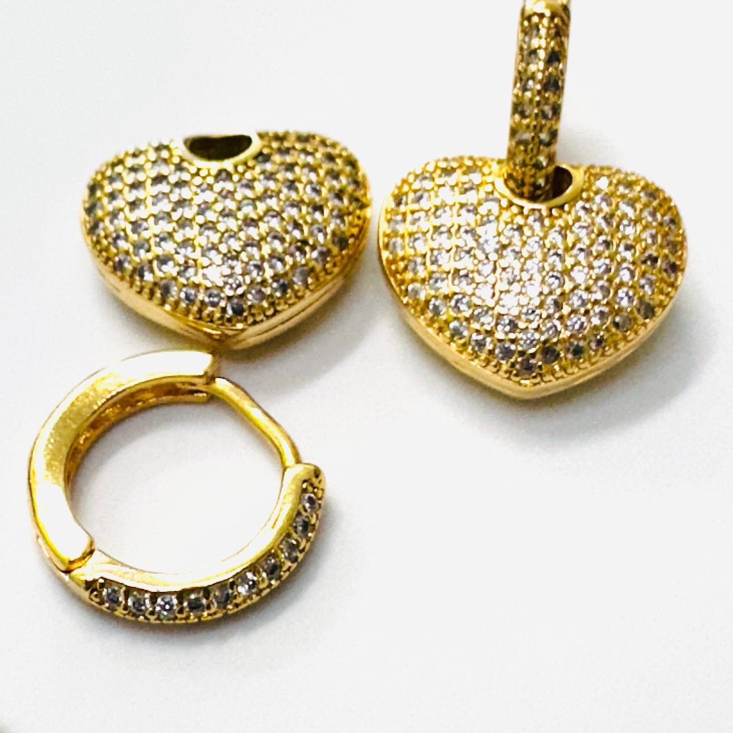 Bold Dangling Heart Studded Zirconia Earrings - 18K Gold Plated