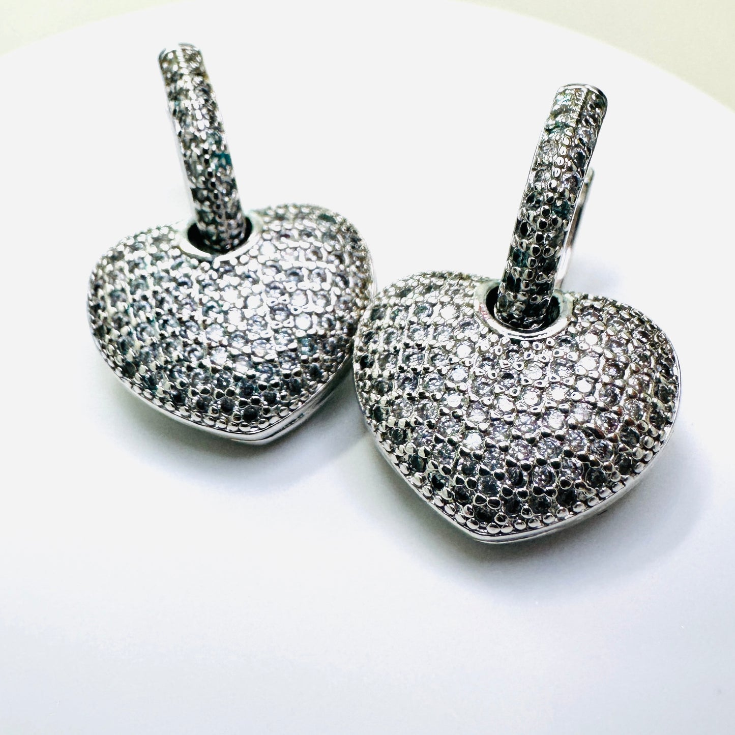 Bold Dangling Heart Studded Zirconia Earrings -White Rhodium Plated