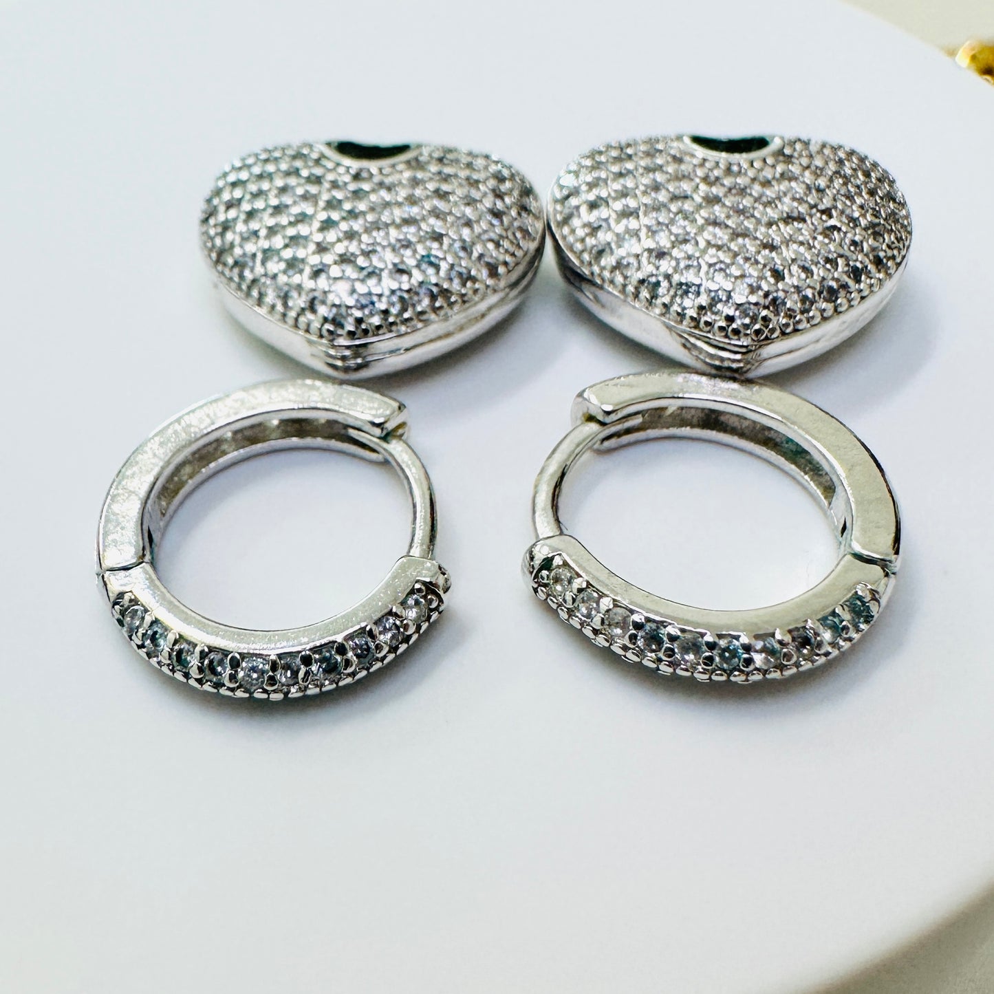 Bold Dangling Heart Studded Zirconia Earrings -White Rhodium Plated