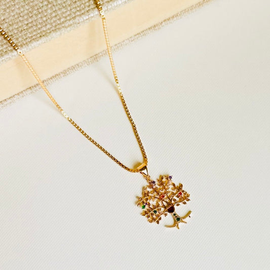 Colorful Tree of Life Micro Zirconia Pendant Necklace - 18K Gold Plated