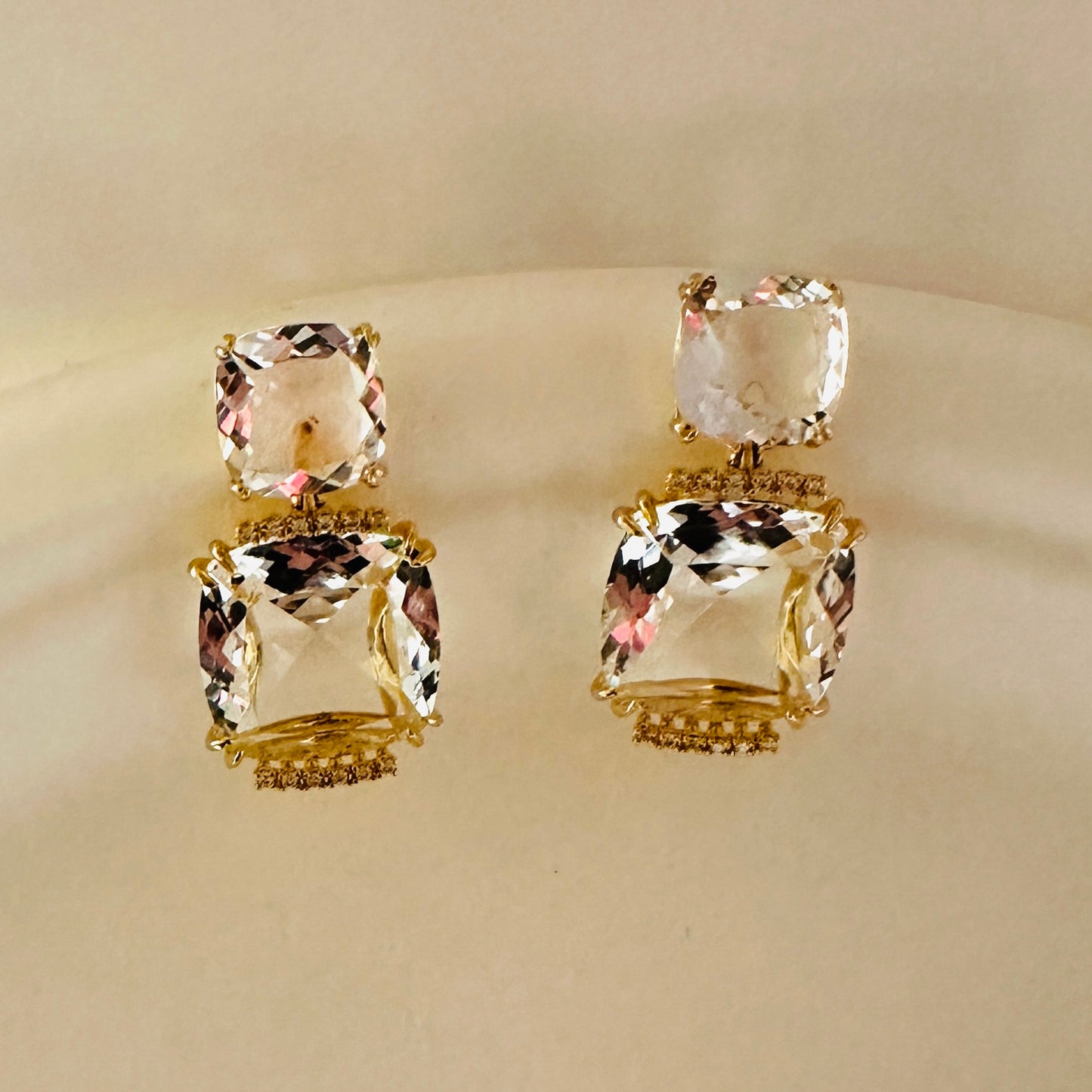 Double Square Crystal Earrings - 18K Gold Plated