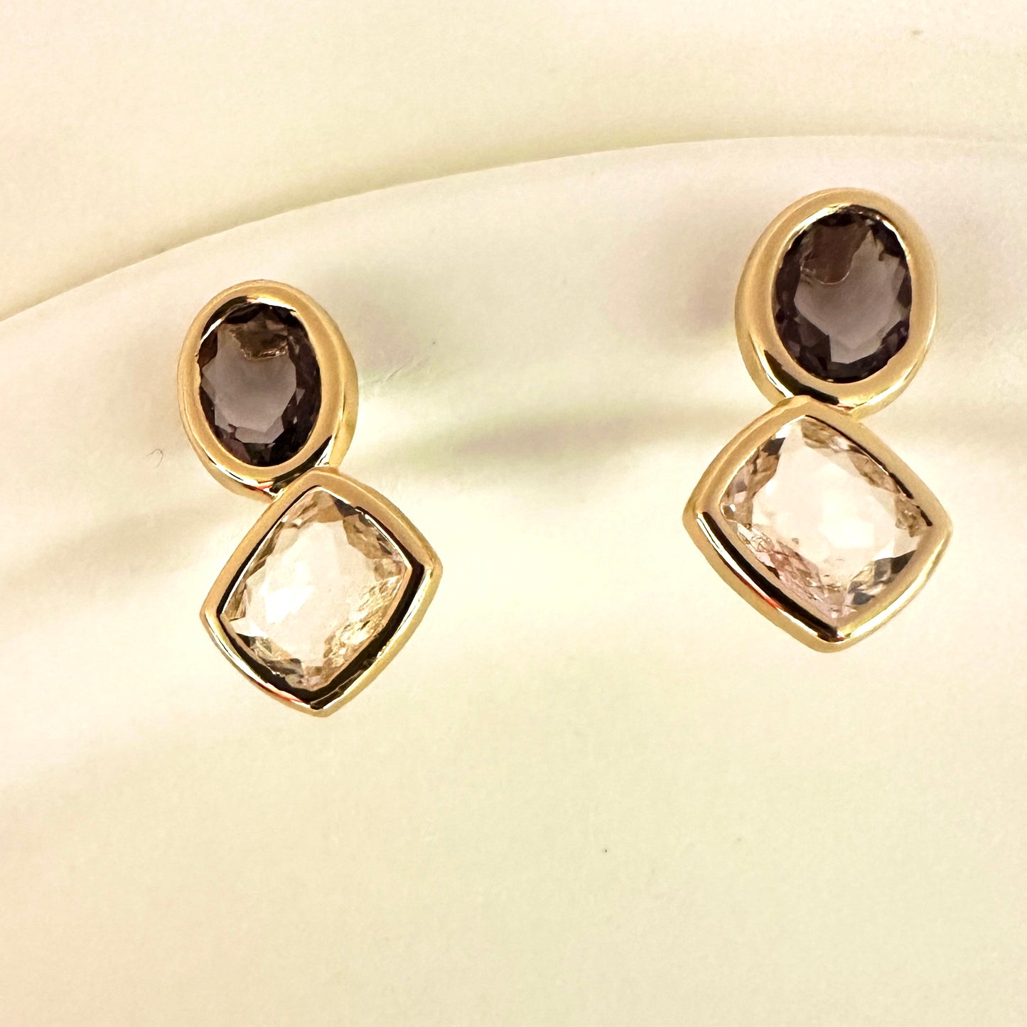 Geometric Amethyst and Crystal Drop Earrings - 18K Gold Plated