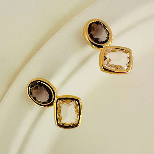 Geometric Amethyst and Crystal Drop Earrings - 18K Gold Plated