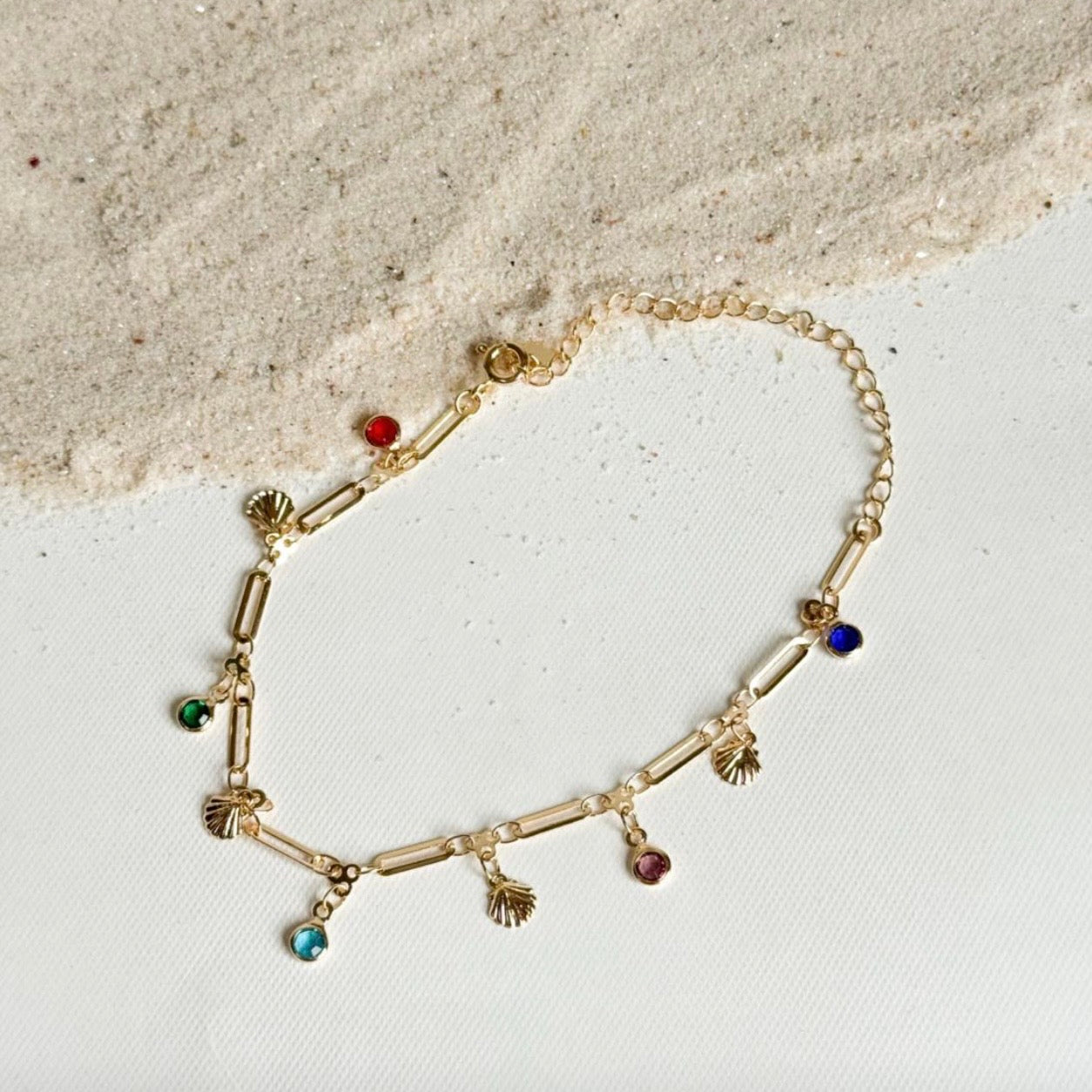 Delicate Shells and Colorful Zirconia Anklet - 18K Gold Plated