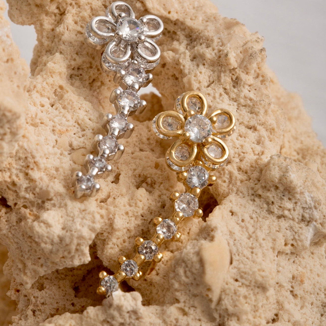 Flower and Linear Zirconia Drop Stud Earrings - 18K Gold Plated