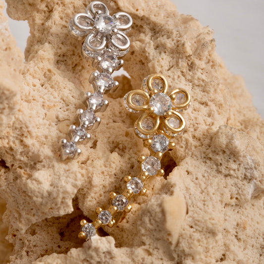 Flower and Linear Zirconia Drop Stud Earrings - 18K Gold Plated