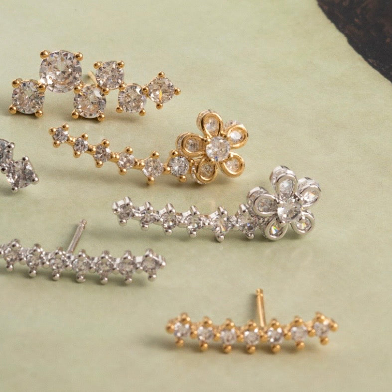 Flower and Linear Zirconia Drop Stud Earrings - 18K Gold Plated