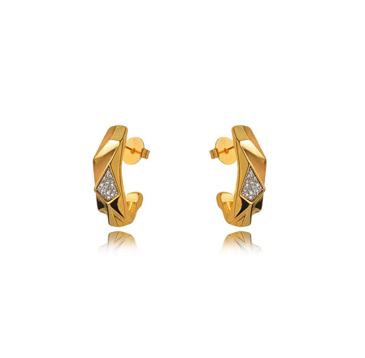 Bold Geometric Stud - Zirconia-Studded - 18K Gold Plated Earrings