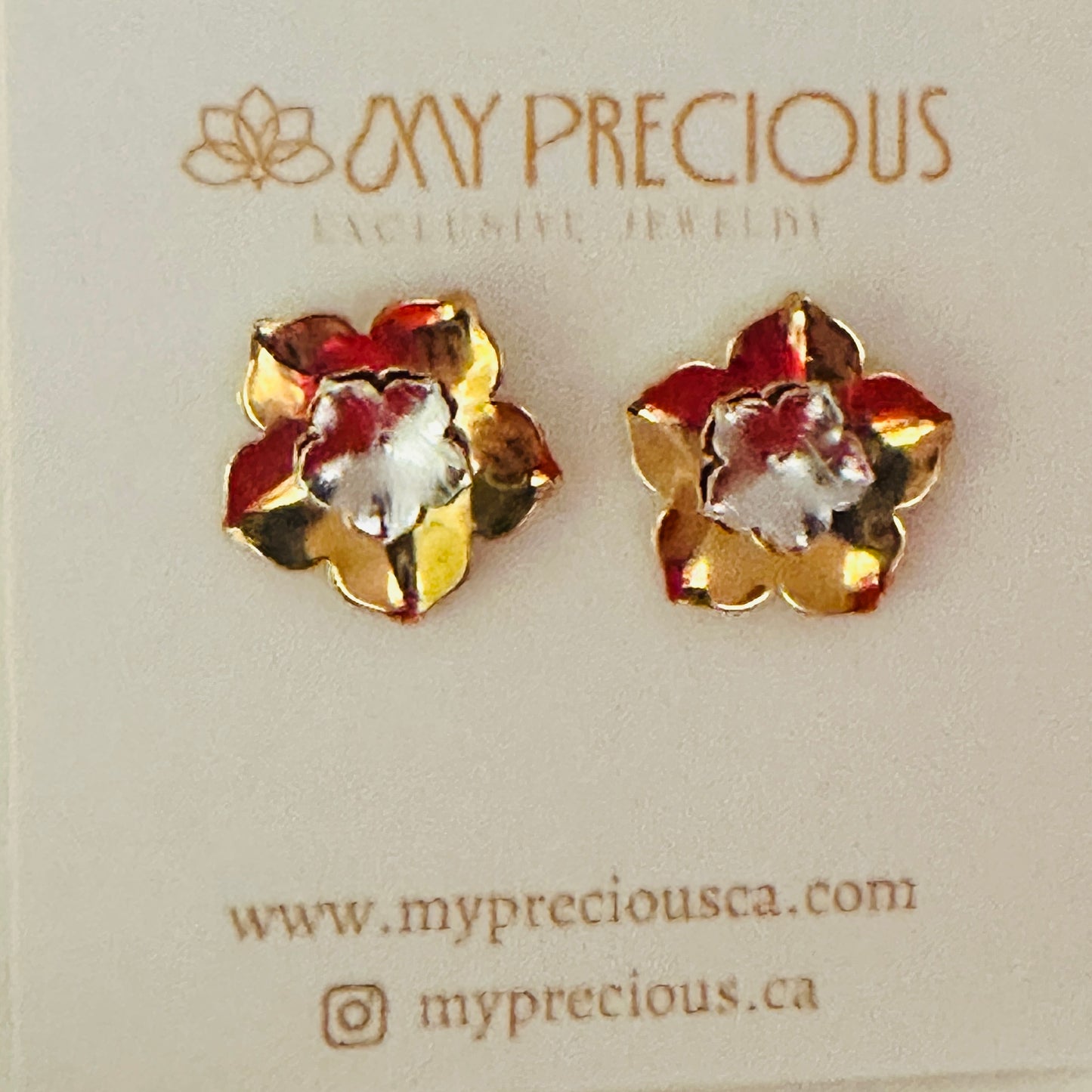 Double-Layered Flower Studs Earrings - Bi Color 18K Gold and White Rhodium Plated