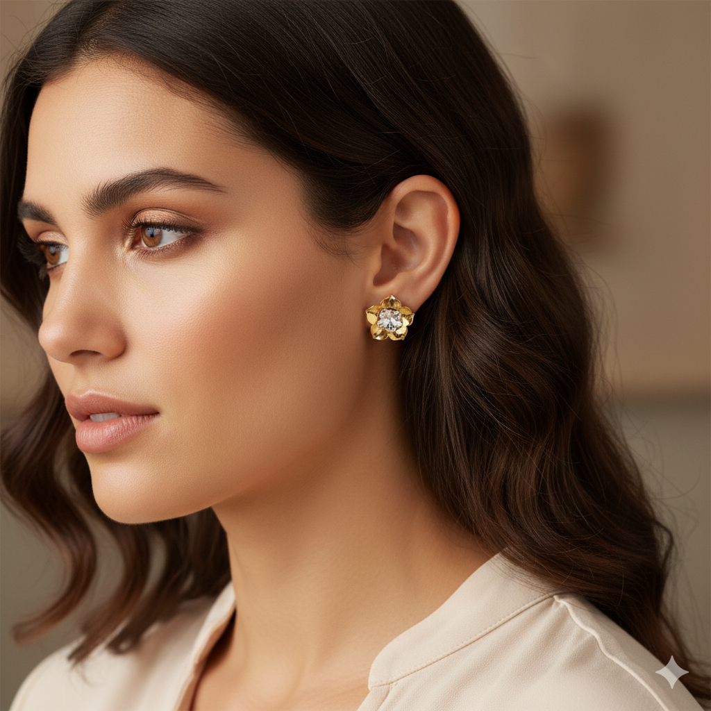 Double-Layered Flower Studs Earrings - Bi Color 18K Gold and White Rhodium Plated
