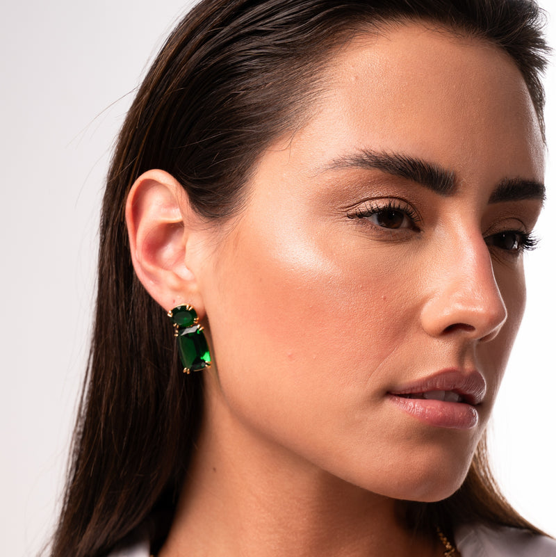 18K Gold Plated Oval Matte Green Tourmaline Rectangle Green Tourmaline Earrings