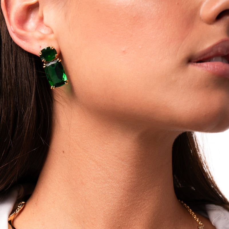 18K Gold Plated Oval Matte Green Tourmaline Rectangle Green Tourmaline Earrings