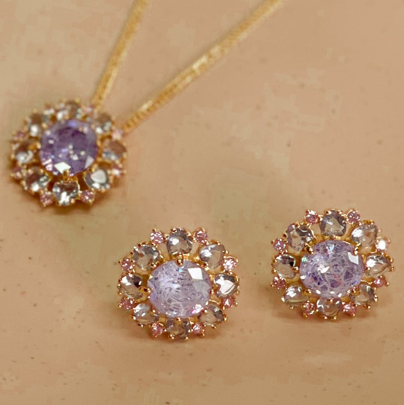 18K Gold Plated Round Amethyst Fusion Amethyst Hearts Studded Pink Micro Zirconia Set