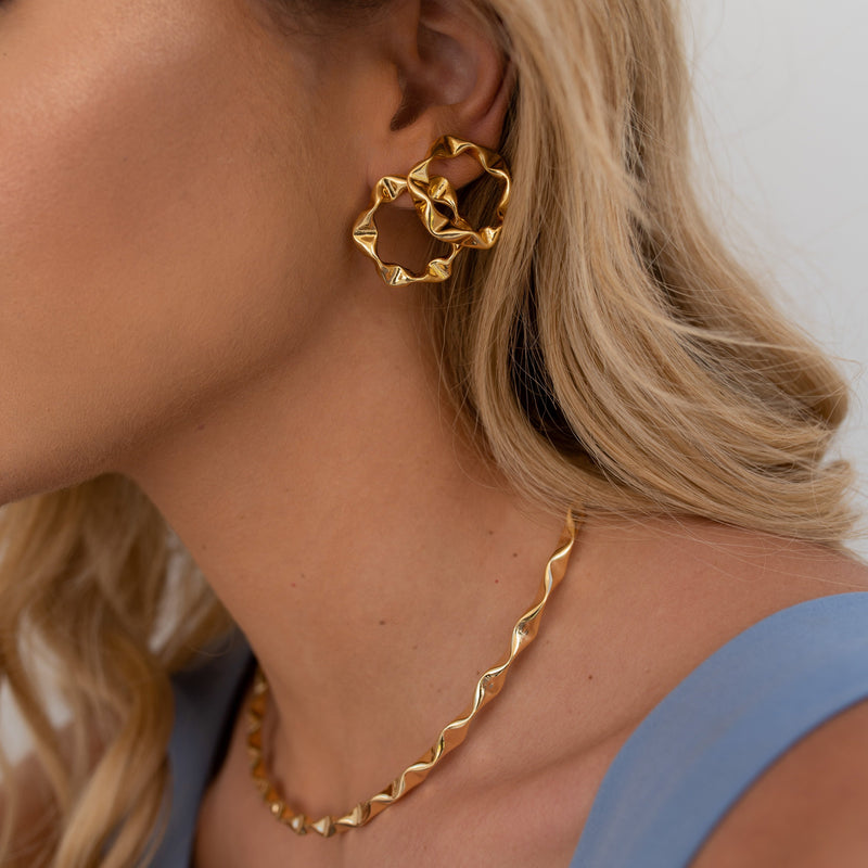 18K Gold Plated Smashed Hoops Stud Earrings