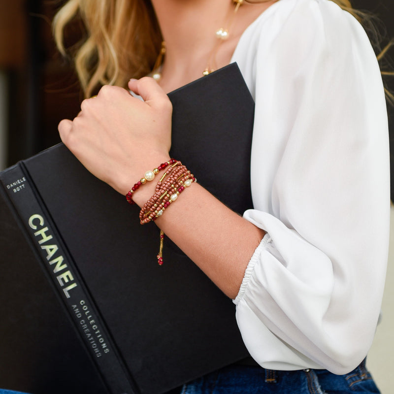 18K Gold Plated Adjustable Pink Balls and Pearls Bracelet