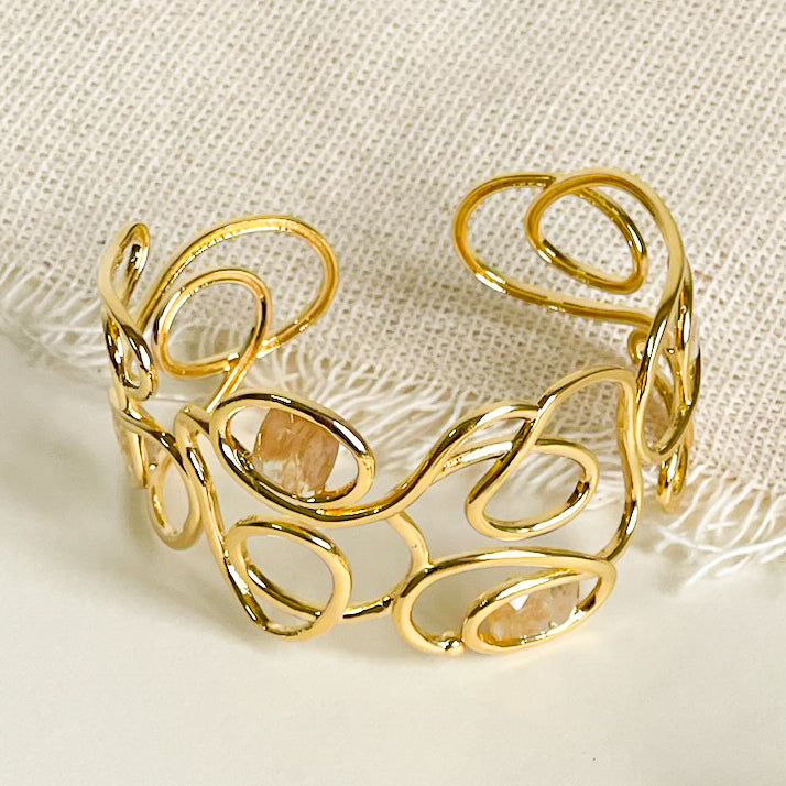 18K Gold Plated Organic Rutilated Quartz Open Bangle Bracelet